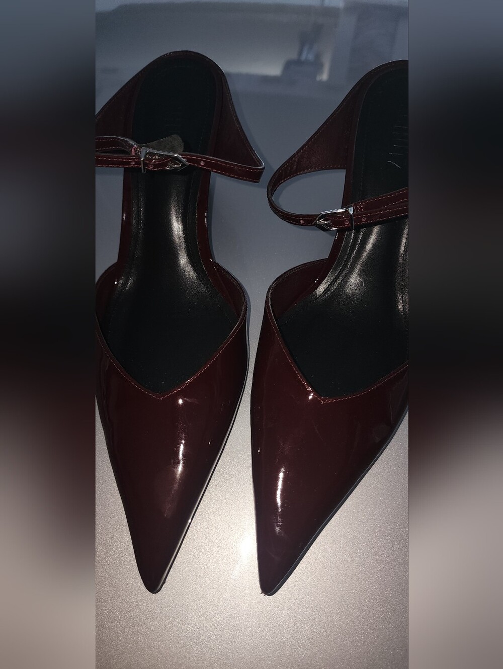 Schultz Pointed Patent Ankle-Strap Pumps in Deep Burgundy